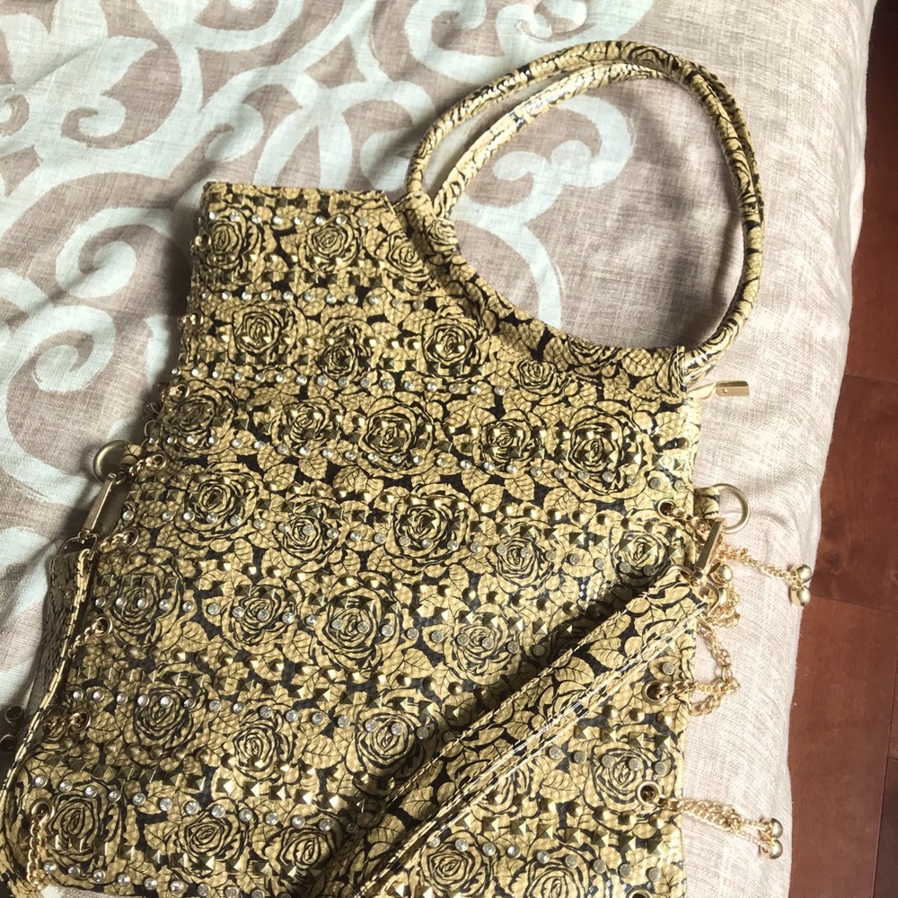 Golden Black bejeweled Rosette Handbag